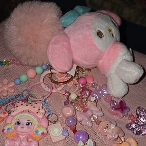 Cute Pink My Melody Plush Keychain with Beaded Charms